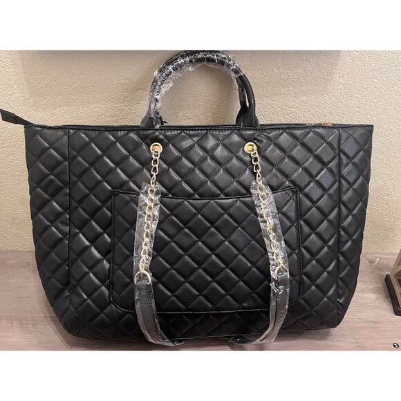 NWT Gilda Paris Quilted Large Black Tote Bag – Gold Chain Straps Oversized Tote - Picture 3 of 4